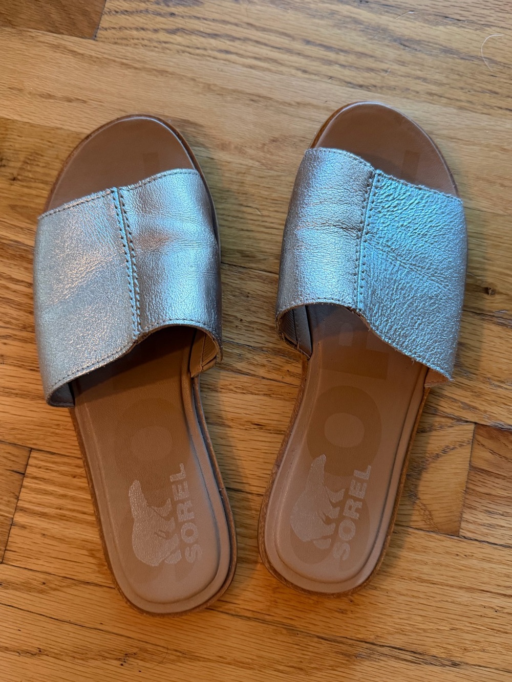 SOREL Women's Silver and Gold Slide Sandals - Metallic Leather